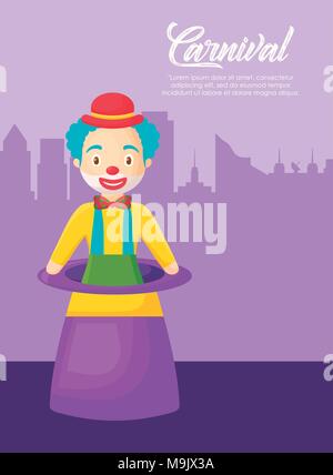 Magic hut mit Cartoon clown über lila Hintergrund, farbenfrohen Design Vector Illustration Stock Vektor