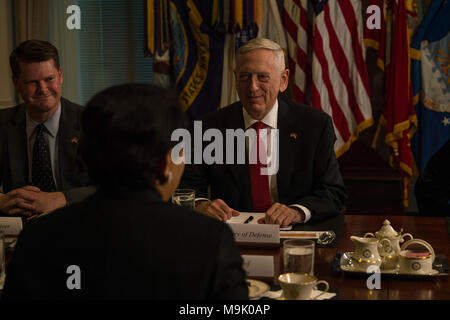 Verteidigungsminister James N. Mattis erfüllt mit dem indonesischen Außenminister Retno Marsudi im Pentagon in Washington, D.C., 26. März 2018. (DoD Foto von Marine Mass Communication Specialist 1. Klasse Kathryn E. Holm) Stockfoto