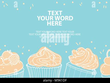 4 Arten von Cupcakes in weißer Umriss und Pastell rosa Ebene auf blauem Hintergrund und Platz für Text. Plakat oder Hintergrund Design in Vector Illustration. Stock Vektor