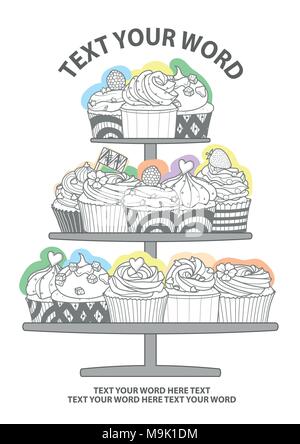 9 Arten von Cupcakes in grauen Umrisse und Pastell Ebene auf Standby auf weißem Hintergrund und Platz für Text. Plakat oder Hintergrund Design in Vektor illus Stock Vektor