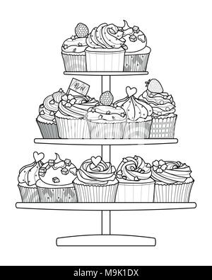 9 Arten von Cupcakes in schwarzer Umriss auf Standby auf weißem Hintergrund. Hintergrund Design in Vector Illustration. Stock Vektor