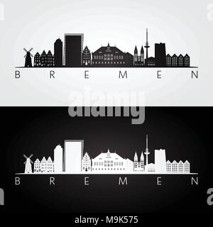 Bremen Skyline und Sehenswürdigkeiten Silhouette, schwarz-weißes Design, Vektor, Abbildung. Stock Vektor