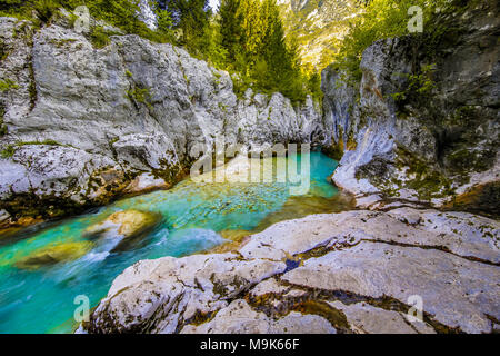 Lebendige türkis Fluss Soca im Triglav National Park, die Julischen Alpen, Slowenien, Europa Stockfoto