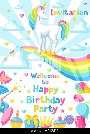 Happy Birthday Party Einladung mit Einhorn und Fantasy Reihen Stock Vektor