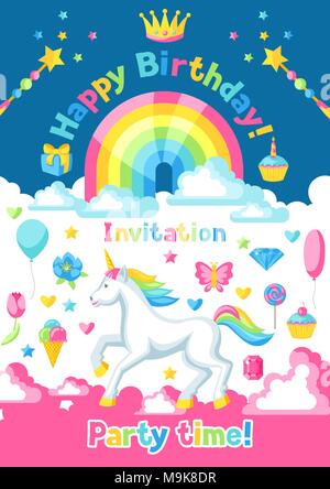 Happy Birthday Party Einladung mit Einhorn und Fantasy Reihen Stock Vektor
