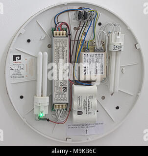 Elektrische Leuchte mit der Abdeckung entfernt, der Verdrahtung, Lampen, Kondensatoren, Batterien und die richtigen Anschlüsse und elektrischen Symbole. Stockfoto