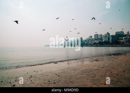 Girgaon Chowpatty Beach und moderne Gebäude in Mumbai, Indien Stockfoto