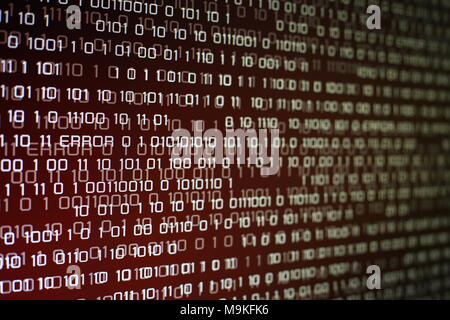 Rot ist der binäre Code auf dem Computer Screen mit Fehlermeldung. Problem internet, Business, Verbindung, Technologie und modernen Computer-Konzepte. Stockfoto