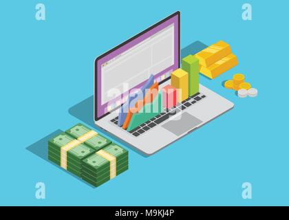 Online Business Technology mit Laptop und Graph und cash Geld Stock Vektor