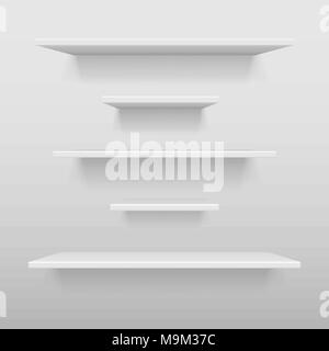 Leere weiße Shop oder Ausstellung Regal, Einzelhandel weiße Regale mockup. Realistische vektor Bücherregal mit Schatten an der Wand, 3d-Bücherregal aufbewahren oder Shop Vector Illustration Stock Vektor