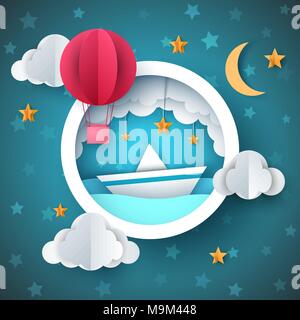 Heißluftballon, Schiff Abbildung. Cartoon Meer Landschaft. Stock Vektor