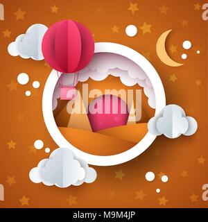 Cartoon Wüstenlandschaft. Cloud, Heißluftballon, Sterne, Sonne, Mond. Stock Vektor