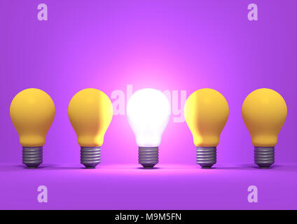 Leuchtende Glühbirne unter der Gruppe der gelben Lampen auf lila Hintergrund. Idee, Konzept. 3D-Render. Stockfoto