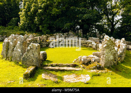 Struktur geglaubt ein Haus oder Hütte bei Din Lligwy Eisenzeit Siedlung in der Nähe von Moelfre, Anglesey, Wales. Stockfoto