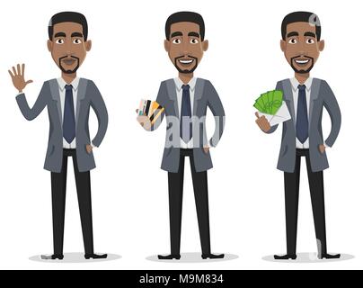 Afrikanische amerikanische Geschäftsmann Cartoon Character Set. Unternehmer im Büro Kleidung wellen Hand, hält Kreditkarten und hält Umschlag mit Geld. Vecto Stock Vektor