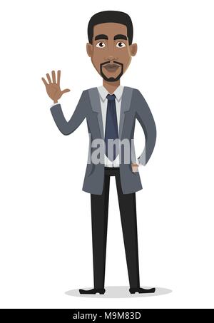 Afrikanische amerikanische Geschäftsmann cartoon Charakter. Unternehmer im Büro Kleidung wellen Hand. Vector Illustration auf weißem Hintergrund Stock Vektor