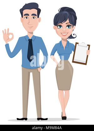 Business Mann zeigt ok Zeichen und Geschäftsfrau hält Checkliste, Zeichentrickfiguren. Lächelnd Geschäftsmann und Geschäftsfrau im Büro Kleidung. Vektor krank Stock Vektor