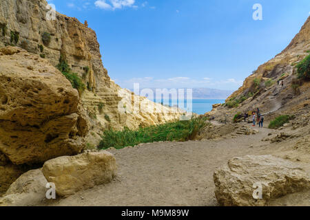 EIN GEDI, Israel - 16. MÄRZ 2018: Landschaft von Nahal David Tal, und dem Toten Meer, mit Besuchern, in der Ein Gedi Naturreservat, die Wüste Juda, S Stockfoto