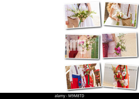 Collage auf weißen Hintergrund eine Hochzeit Blumenstrauß in den Händen der Verlobte ist Stockfoto