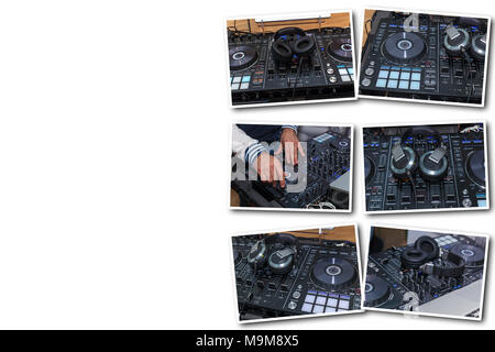 Collage auf weißem Hintergrund Musik Konsole und Kopfhörer für DJS. DJ Console cd mp4 DJ Mischpult Musik Party im Nachtclub. DJ Console für Experim Stockfoto