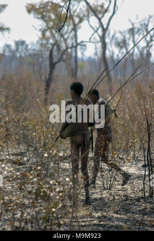San Stamm Buschmänner, die auch als der erste Stamm von Afrika, Jagd in den umliegenden Buschland in Namibia bekannt Nach einem Buschfeuer. Stockfoto