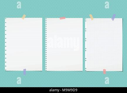 Weiß gesäumt Hinweis, notebook Papier für Text mit farbigen Klebestreifen auf Quadrat türkis Hintergrund geklebt. Stock Vektor