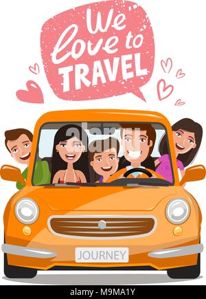 Reisen, Reise Konzept. Glückliche Familie, die mit dem Auto anreisen. Cartoon Vector Illustration Stock Vektor