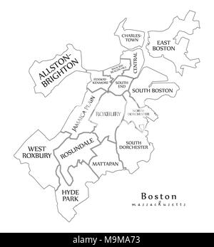 Moderne Stadtplan - Boston Massachusetts Stadt der USA mit Bezirken und Titel Übersichtskarte Stock Vektor