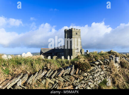 St. Materiana's Church, Tintagel, Cornwall an einem kalten Frühling Nachmittag Stockfoto