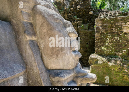 Alten Maya steinerne Maske eines Gottes in den Ruinen von Lamanai in Belize Stockfoto