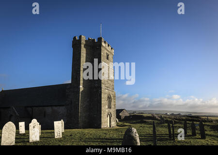 St. Materiana's Church, Tintagel, Cornwall an einem kalten Frühling Nachmittag Stockfoto