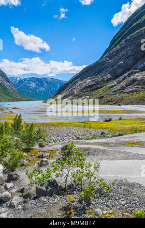 Die bunte Landschaft von einem Gletscher, See, Norwegen, Bergsee der Nigardsbreen Gletscher, Nigardsbreenvatnet, Jostedalsbreen Nationalpark Stockfoto