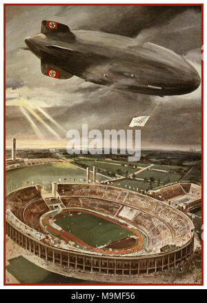 Hindenburg Zeppelin Airship Olympische Spiele 1936 Nazi Berlin Deutschland Vintage Poster Illustration des Nazi Hindenburg Zeppelin Airship Flying Olympic Flag zusammen mit Swastika Tail Fins über dem Berliner Olympiastadion während der Eröffnungszeremonie der Olympischen Spiele in Nazi Deutschland. Stockfoto