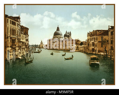 Vintage alten historischen Canal Grande Venedig Photochrom Historischen 1890-1900's Vintage alte Blick auf den Canal Grande Venedig, Italien. Mit post Färbung Technik über Transfer auf lithografische Druckplatten aus Schwarzen und Weißen negative Bilder. Stockfoto