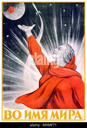 Juri Gagarin MOND SPACE RACE Jahrgang 1950 Poster SOWJETUNION Sowjetunion Sputnik umkreist den Mond Juri Gagarin 1959' im Namen des Friedens' Artist Iraklii Toidze, Stockfoto