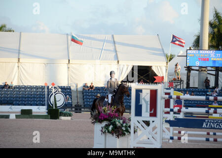 WELLINGTON, FL - MÄRZ 01: Andres Rodriguez Teilnehmer der $ 150.000 Lugano Diamanten Grand Prix. Die 2015 Winter Equestrian Festival schloss ihre achte Woche des Wettbewerbs am Sonntag mit einem für Todd Minikus (USA) und zwei Schwäne Betriebe Babalou41 in der $ 150.000 Grand Prix CSIO 4*, von Lugano Diamanten präsentiert gewinnen. Das Paar führte eine 10 Pferd springen mit einem oberen Ende drei für die Vereinigten Staaten in dieser Woche CSIO Wettbewerb. Beezie Madden (USA) und Simon wurde Zweiter, und Meagan Nusz (USA) und Dynamo den dritten Platz im Palm Beach International Equestrian Center am 1. März 2015 Stockfoto