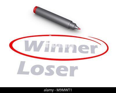 Gewinner Wort ist anstatt der Verlierer-Wort und eine Markierung eingekreist. Stockfoto