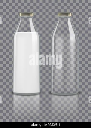 Glas traditionelle Flaschen mockup leer und mit Milch. Molkerei Produkt Verpackung auf transparentem Hintergrund isoliert. Gesundes Getränk Glas Flasche mit Milch trinken. Vector Illustration Stock Vektor