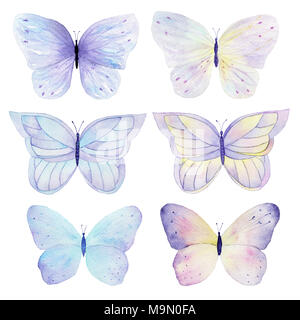 Schmetterling Handgemalten Aquarell Sammlung auf weißem Hintergrund. Für Grußkarten, Hochzeitseinladungen, Logos, Druck auf Stoff. Stockfoto