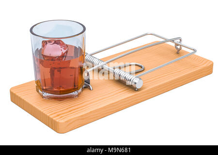 Alkohol Trap Konzept. Glas mit Alkohol trinken in der Mausefalle, 3D-Rendering auf weißem Hintergrund Stockfoto