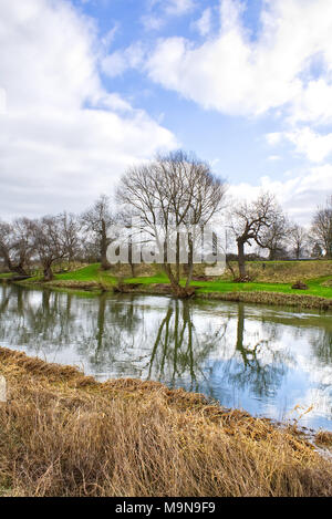 Bäume spiegeln sich in den Fluss Great Ouse an einem winterlichen Tag Stockfoto