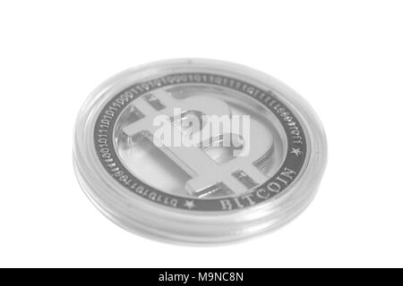 Silber Bitcoin Crypto Währung isoliert auf einem Weißen. Stockfoto