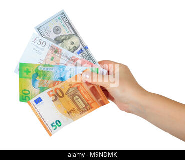 Women's Hand mit einem Geld Fan Stockfoto