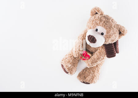 Ansicht von oben Teddybär mit herzförmigen Geschenkbox isoliert auf weißem, Valentines Tag Konzept Stockfoto