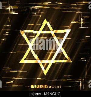 Glitch Golden Star David anmelden Licht Form Vorlage. Abstrakte glitched religiösen gold Vektor symbol Design Hintergrund Stock Vektor