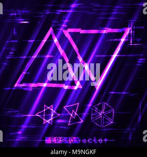 Glitch Blau Lila und Rosa Dreieck licht Form Vorlage festlegen. Abstrakte glitched gold Vektor frame Design Hintergrund Stock Vektor