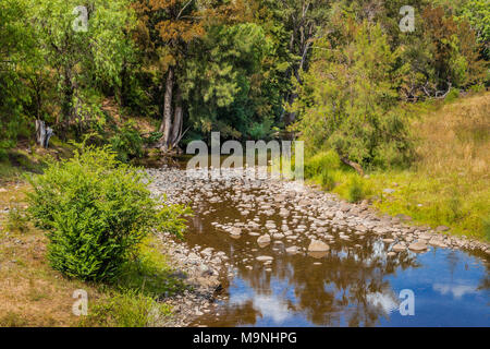 Blick auf den Hunter River, wie von Glenmore Brücke, Upper Hunter gesehen. NSW, Australien im Februar 2018. Das Wasser ist sehr gering, da der Dürre. Stockfoto