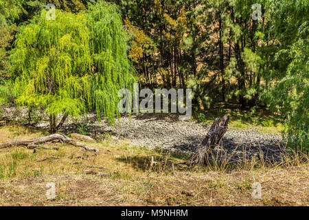 Blick auf den Hunter River, Upper Hunter, NSW, Australien, als von Glocken Brücke, im Februar 2018, während der Zeit der Dürre. Stockfoto