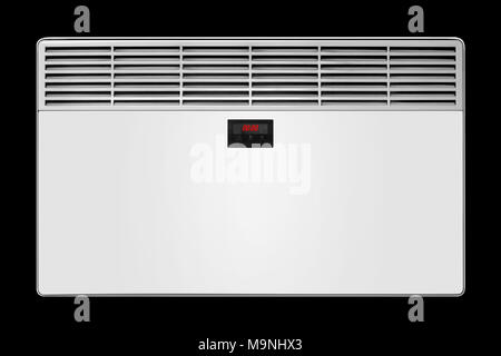 Home Appliance-elektrischer Konvektor mit Anzeige auf schwarzem Hintergrund. Isoliert Stockfoto