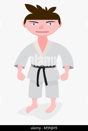 Japanische Junge im Kimono Üben von Karate. Bunte humorvolle Person im Cartoon Stil. Stock Vektor